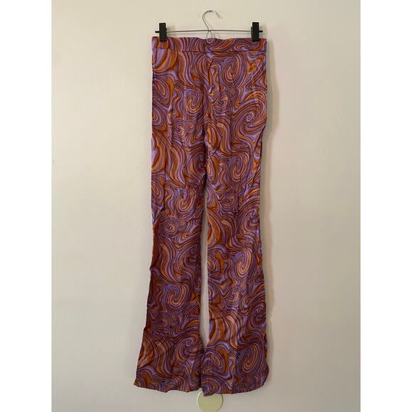 Zara Purple Orange Swirl 70s Retro Silky Straight Leg Pants Women's size Small - Picture 7 of 11